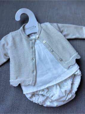 Mayoral Cream Knit Cardigan and White Bloomer Set - Cream & White